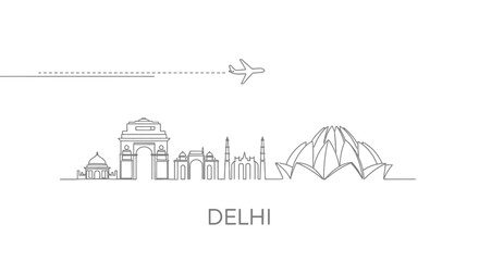 Delhi India Skyline with Travel, Airplane, and Line Art.