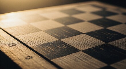 Poster - Close-up of a wooden chessboard with light and shadow play