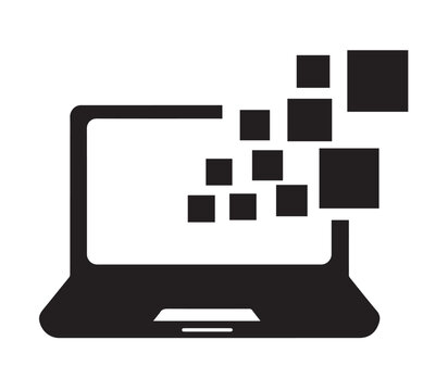 Black laptop with digital data squares emerging from screen computer technology