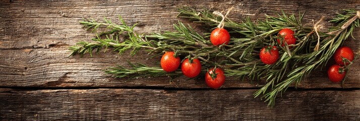 Aufkleber - Fresh Rosemary Sprigs and Vibrant Cherry Tomatoes Arranged on Rustic Wood for Culinary Inspiration