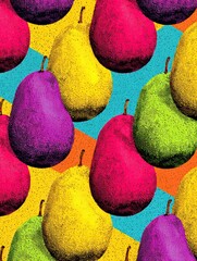 Poster - Colorful Pop Art Mangoes Displayed in a Vibrant Pattern With Halftone Texture on a Blank Margin for a Modern Aesthetic Appeal