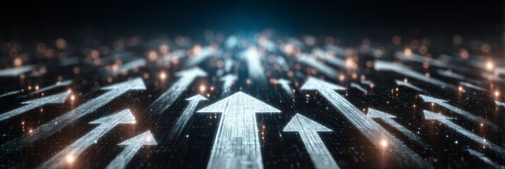 Poster - Futuristic Digital Network Background with Silvery Arrows Moving Upward and Distant Bright Lights