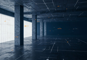Poster - architectural construction abstract background with concrete columns lines and callouts . Generative AI