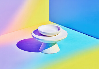 Aufkleber - White ceramic bowl and plate on pedestal in colorful gradient light, modern minimal style, abstract shadow, vibrant background, creative composition, contemporary art, playful mood