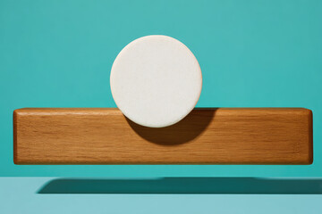 Aufkleber - White round object wooden rectangular block balance minimal design turquoise background modern geometric abstract clean creative calm concept