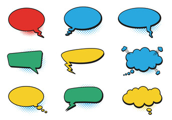 Poster - Set of 9 colorful comic book style speech bubbles with halftone shading various shapes and colors