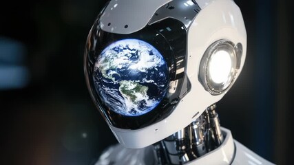 Poster - A close-up view of a robot's head with the earth in the background, ideal for use in science fiction or futuristic scenes