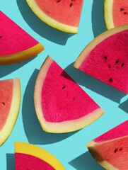 Poster - Bright Watermelon Slices Arranged in a Minimal Abstract Pop-Art Style on a Vibrant Turquoise Background Showcasing Summer Freshness