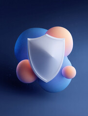 Poster - Abstract digital art featuring a shield icon against geometric shapes. Symbolizing safety, security, protection, and trust in a modern, futuristic style.