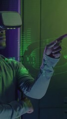 Poster - Animation of data processing over african american male worker with vr headset in server room