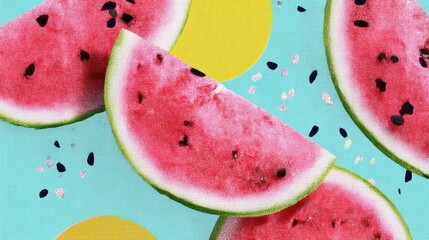 Fototapete - Colorful Watermelon Slices Arranged in an Abstract Pop-Art Style on a Minimal Background Featuring Playful Shapes
