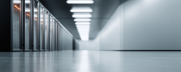 Poster - Sleek data center with rows of server racks illuminated by soft light. Evokes data storage, processing power, and IT infrastructure. Ideal for tech or business.