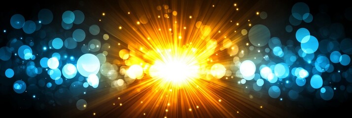 Poster - Radiant Light Burst with Bokeh Circles and Luminous Rays in Cyan, Blue, and Orange Highlights