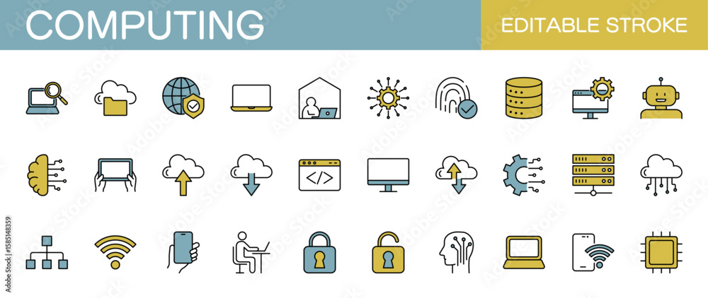 Computing line icon set – Includes computer, technology, digital, cloud ...