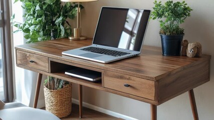 Poster - A laptop computer is placed on a wooden desk