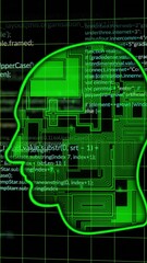 Poster - Animation of ai text, brain and binary coding data processing over dark background