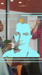 Poster - Animation of digital profile picture over diverse coworkers discussing while drinking tea in office