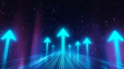 Poster - Futuristic Digital Landscape with Glowing Arrows Representing Business Growth and Success Concept