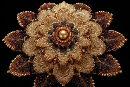 Gold ornate mandala featuring a central teal jewel on a black background