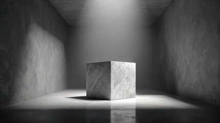 Aufkleber - Lonely Cube Stands in a dark Concrete Room, lit from Above by a Skylight