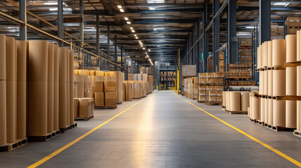 Poster - Spacious Warehouse Interior with Stacked Cardboard Boxes and Shipping Materials in Organized Storage Area for Logistics and Distribution