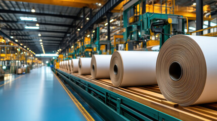 Poster - Large rolls of paper on a conveyor belt in a modern industrial manufacturing facility with high-tech machinery and bright overhead lighting