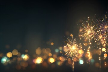 Poster - Celebratory Night Sky Illuminated by Golden Fireworks and Blurry City Lights Creates a Festive and Radiant Ambiance