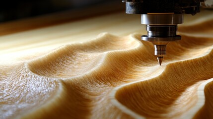 Poster - Detailed 3D Relief Carving Process with CNC Router on Plywood Sheet in Warm Lighting for Promotion