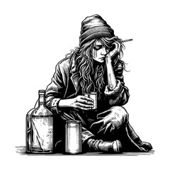Wall Mural - sad homeless woman sitting on the ground, holding a drink, with bottles and a cigarette sketch engra