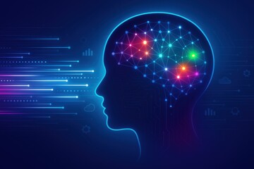 Poster - Mindscape: Silhouette of a head showcasing the brain, adorned with an intricate network of interconnected nodes representing the marvels of the human intellect, highlighting artificial intelligence.