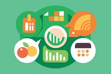 Poster - Abstract composition of graphic elements displaying data related to statistics fruits and technology on a vibrant green background.
