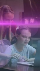 Poster - Animation of light and dots moving over happy caucasian mother helping daughter with homework