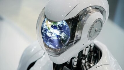 Poster - A close-up view of a robot's head with a distant planet in the background