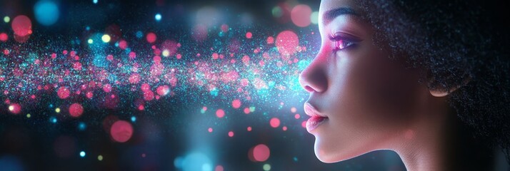 Poster - Futuristic Beauty A Young Woman s Profile Illuminated by Dazzling Neon Lights and Glowing Particles