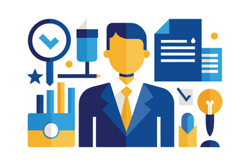 Poster - Business professional with essential office elements showcasing success, planning, and ideas in a modern flat design.