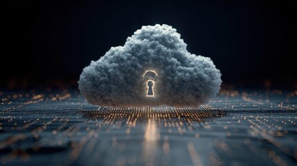 Poster - Cloud computing security with padlock on red cloud hovering over a dark, reflective surface