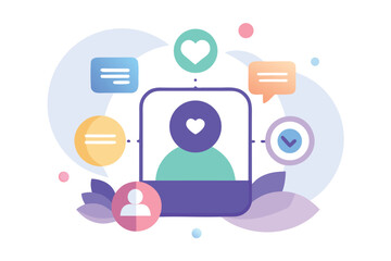 Poster - social media user profile representation with connected icons displaying engagement and interaction 