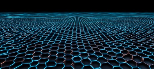 Poster - Futuristic abstract background featuring neon blue connecting hexagon shapes creating a tech wave.