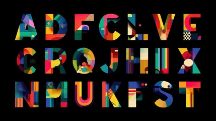 Fototapete - Colorful geometric letters Abfctnofex against a black background creating an abstract composition using vibrant hues and unique design elements