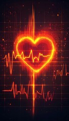Poster - Abstract Pulse Trace Illustration of a Glowing Heart, Health Monitoring Graphics in a Digital Grid