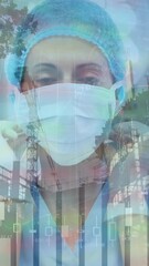 Poster - Animation of financial data processing over caucasian female doctor and cityscape