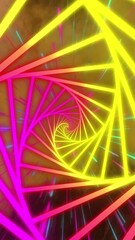 Poster - Animation of neon tunnel in seamless pattern and purple and green light trails on black background
