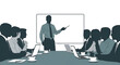 © Erik - A minimalist silhouette concept of a business meeting. A speaker presents to a team, with a blank whiteboard perfect for adding your own text or data.