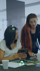 Poster - Animation of eco icons and data processing over diverse business people in office