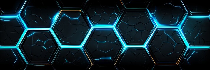 Poster - Futuristic Sci-Fi Technology Background with Glowing Blue Hexagons on a Fractured Surface Design.