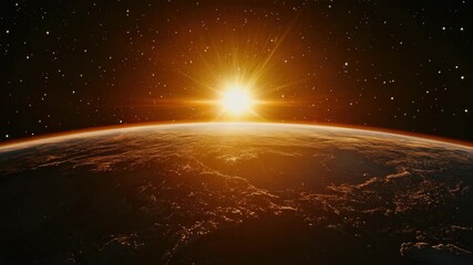 Wall Mural - planet earth at sunrise, seen from space with a bright sun and the silhouette of the moon in the dis