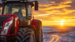 © Maksym - Red Massey Ferguson S 7724 tractors stand parked on snowy road during early winter morning. Low sun glints off shiny paint and frosty engine parts, quiet countryside backdrop, sign