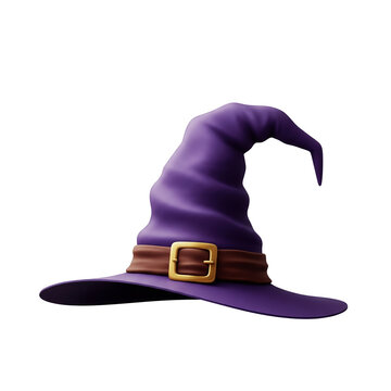 A purple witch hat with a brown belt and gold buckle, isolated on transparent background