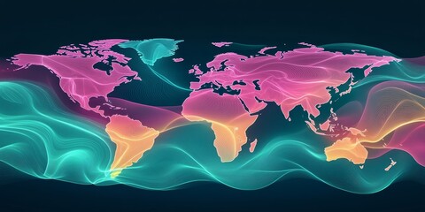 Poster - Global Financial Data Analysis and Visualization with Fluorescent Waves on a World Map Concept