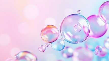 Poster - Iridescent with bubbles drifting over soft pastel gradient, reflecting light ethereal, soap delicate shimmer